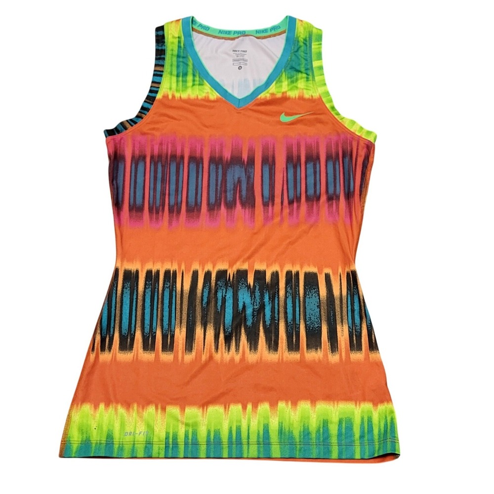 Nike Pro Dri-FIT Womens Tank Top Orange Green Tie Dye Rainbow Bold Neon Small